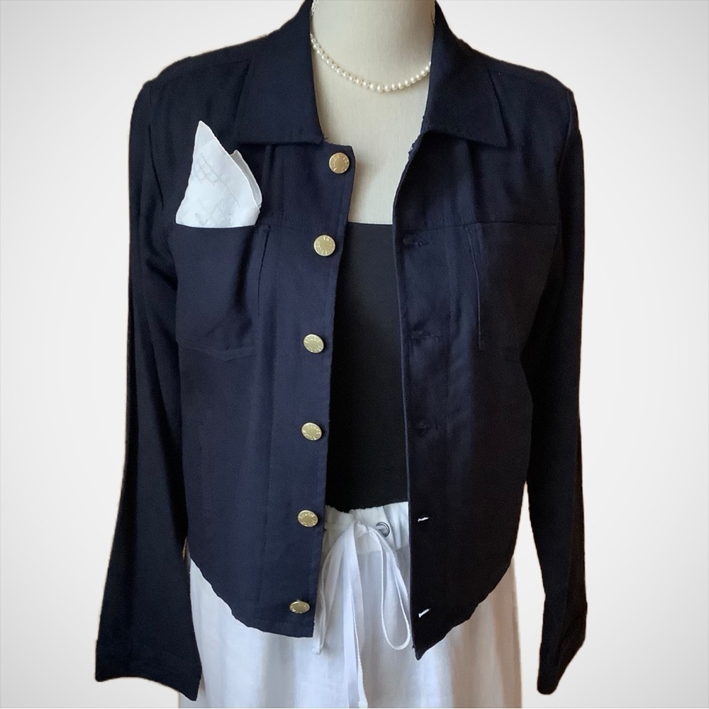 ELLEN TRACY Navy Linen Blend Cropped Jacket Blazer Coastal Chic Size M